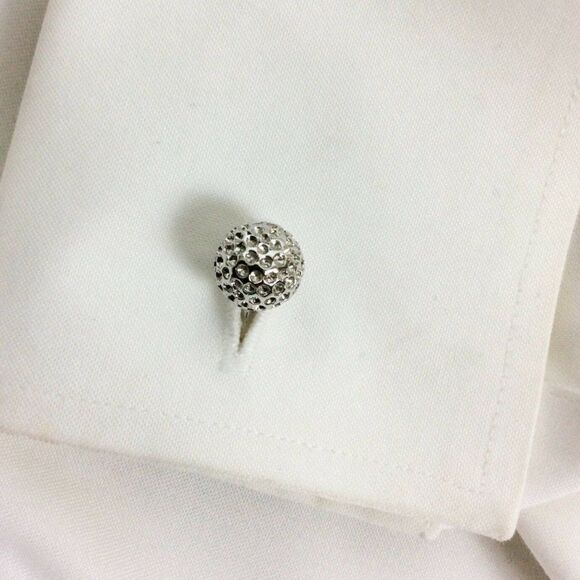 Mens Cuff Links Pair Textured Silver Chrome Sphere Golf Disco Ball Dress Formal - Picture 3 of 3